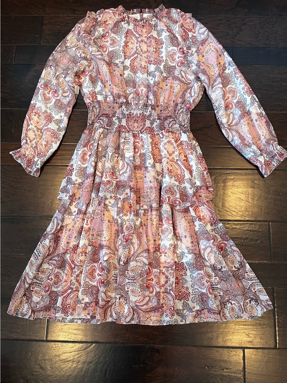The Collective Paisley Print Long-Sleeve Tiered Dress - Pinks, Oranges Blues; XL